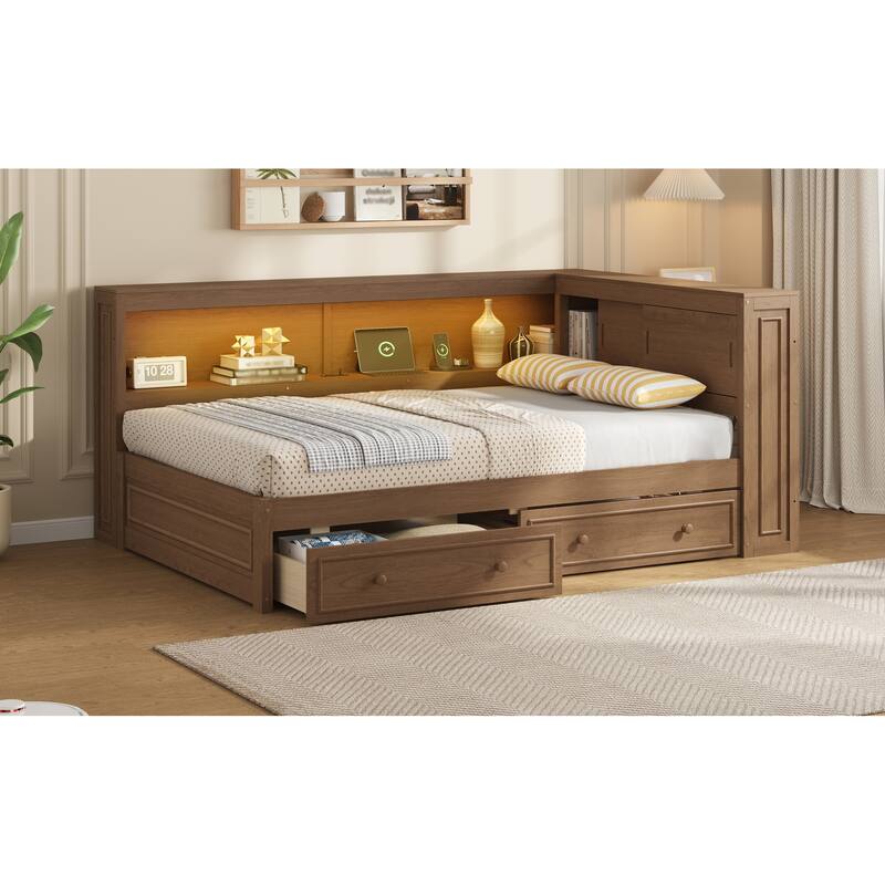 Full Size Wood Daybed with Storage Shelves, USB, LED, and 2 Drawers