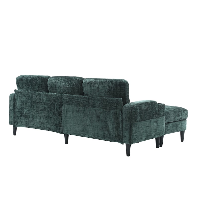 Chenille Deep Seat Couch with Chaise, L-shaped Sectional Sofa with Storage Ottoman, Cup Holders and Side Pockets for Living Room
