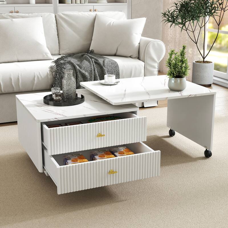 Extendable Coffee Table with Storage, Reversible Living Room Table with 2 Drawers and with 6 Wheels