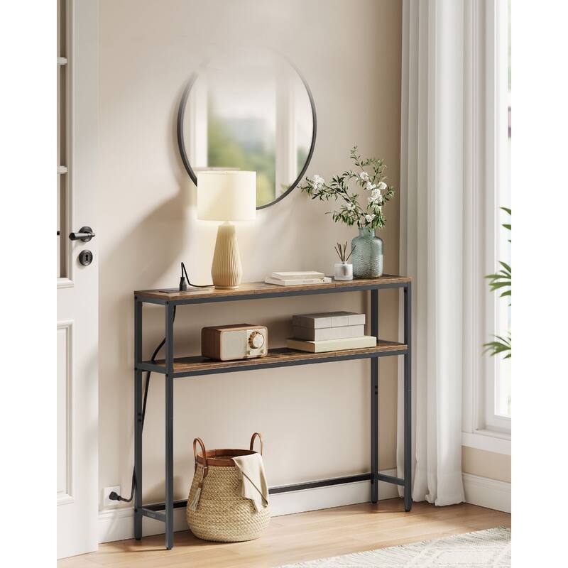Rustic Brown 2-Tier Narrow Console Table with Power Outlet with Shelves for Hallways or Entryways