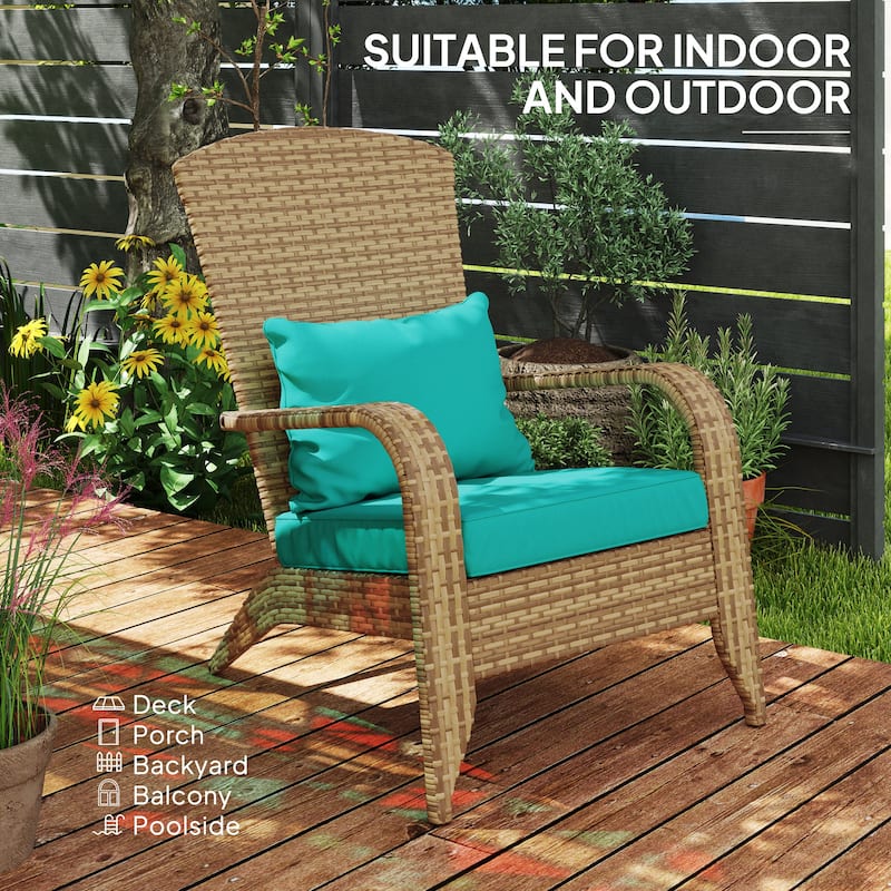 Outdoor Rattan Adirondack Chair with Cushions and Steel Frame Patio Seat for Porch or Pool - 25.2" W x 31.5" D x 35.4" H