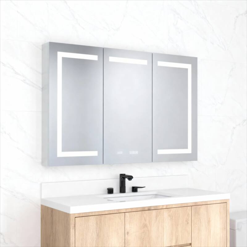 GDFStudio - Delmar Modern Aluminum LED Lighted Medicine Cabinet with Mirror Anti Fog and Digital Clock