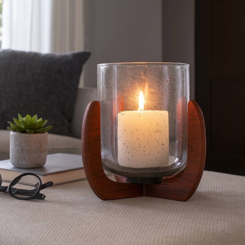 Glass Votive Candle Holder Wood Base - Brown/Clear, 7 in.