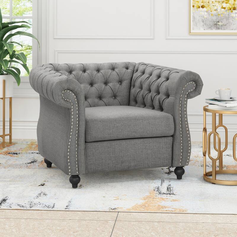 Roomfitters Tufted Chesterfield Accent Chair with Rolled Arms and Nailhead Trim, Upholstered Armchair for Living Room, Grey