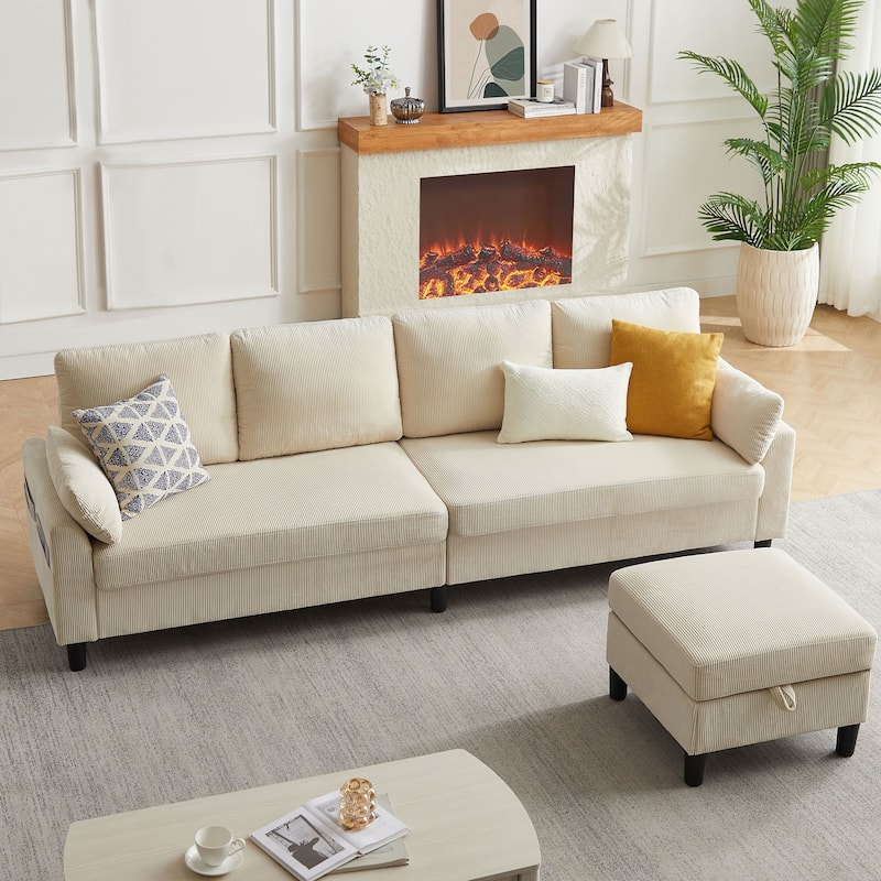 101'' Corduroy Upholstered Sectional Sofa With Storage Ottoman