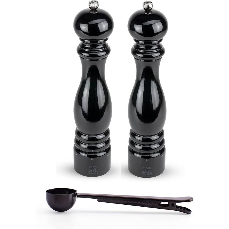 Peugeot Paris u'Select Salt & Pepper mill, Gift Set, Black Lacquer - With Stainless Steel Spice Scoop/Bag Clip (12 Inch) - Black - 3 Piece