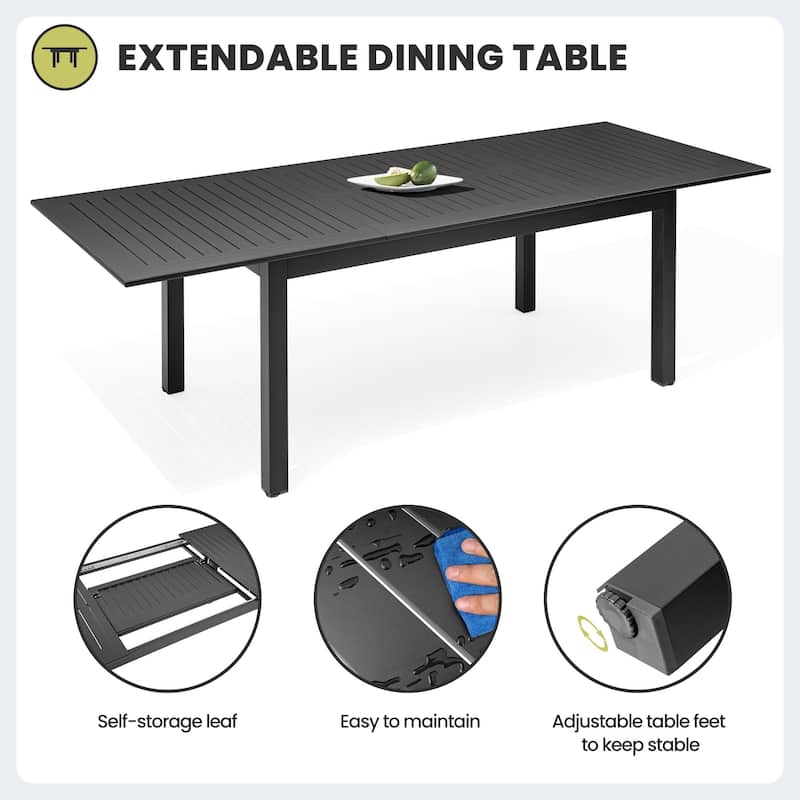 9PCS Outdoor Dining Set Rectangular Expandable Aluminum Table with Adjustable Folding Chairs