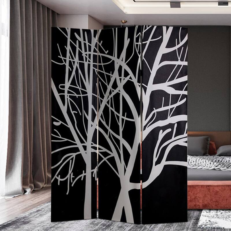 3 Panel Canvas Room Divider with Branch Pattern, Black and White