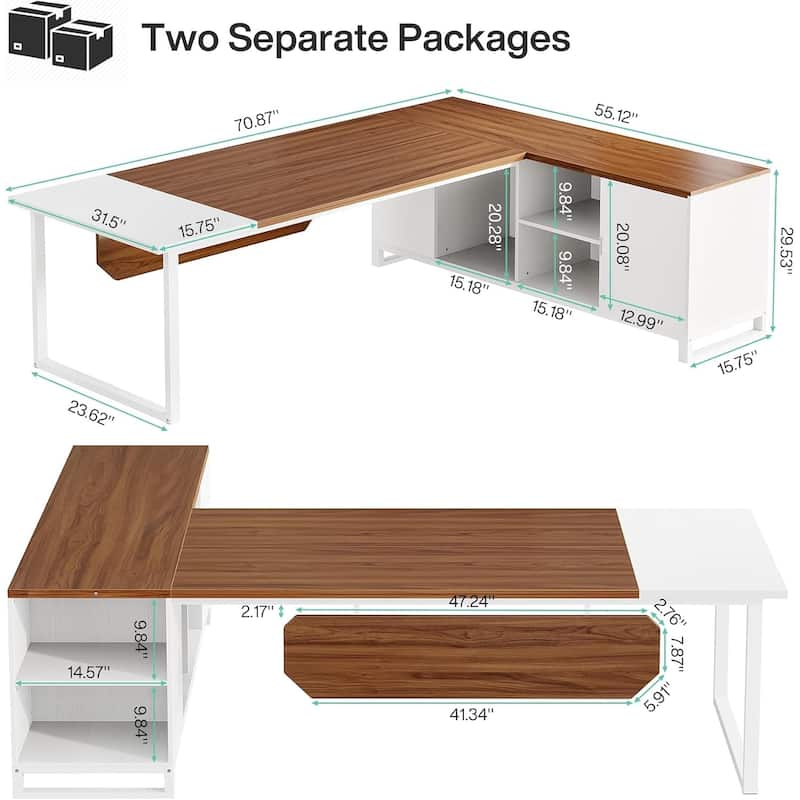 70.8-Inch Executive Desk with 55-Inch File Cabinet, Large L Shaped Walnut & White