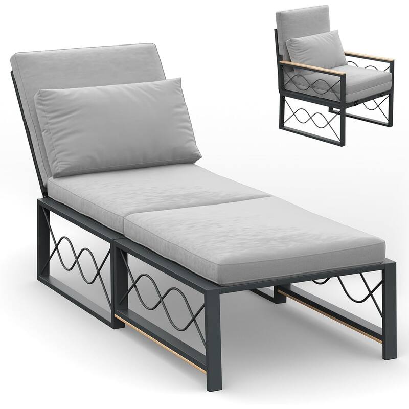 AECOJOY Outdoor Metal Chaise Lounge Chair, Convertible Patio Armchair with Cushions, Adjustable 5-Position Sun Recliner - Grey
