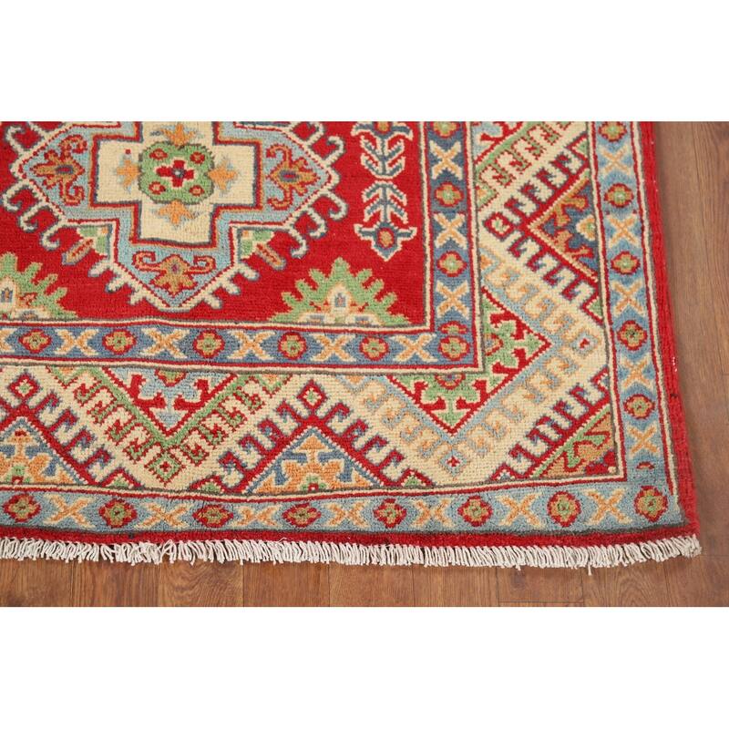Geometric Red Kazak Oriental Accent Rug Handmade Wool Carpet - 3'4" x 5'1"
