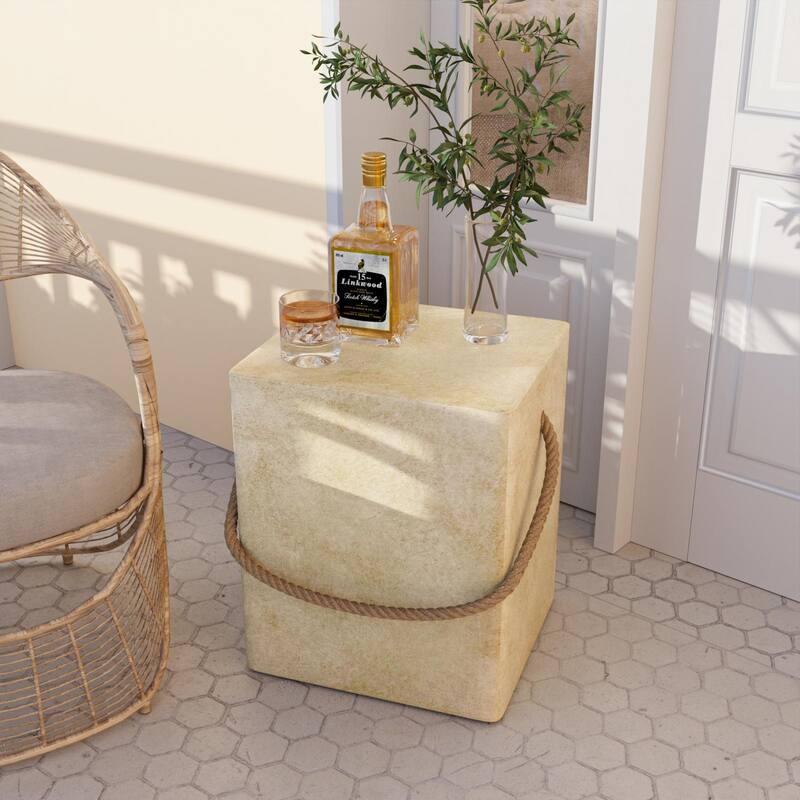 COSIEST Outdoor Lightweight Concrete Side Table w Hemp Rope Handles