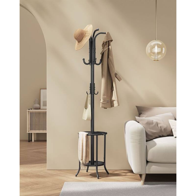 Modern Tall Freestanding Coat Rack with Metal Frame and Umbrella Holder for Home and Office - 15.7"D x 15.7"W x 68.9"H