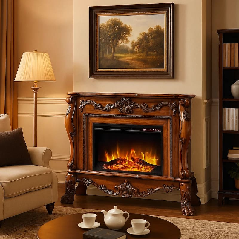 Ally 47 Inch Electric Fireplace, Scrolled Trim, Remote, Timer, Oak Brown