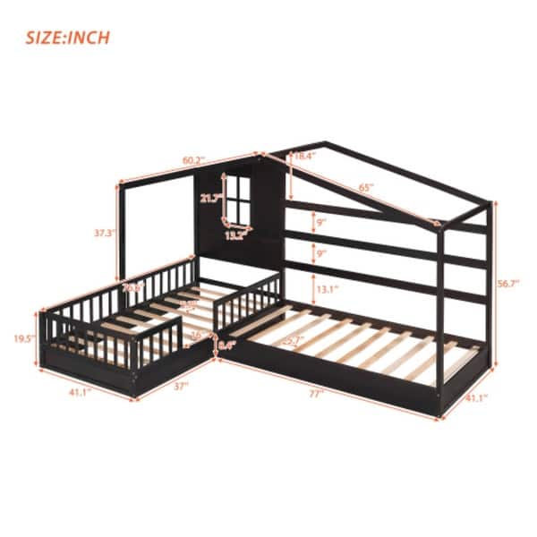 L Structure 2 Twin Wood House Bed with Fence and Slatted Frame, Brown