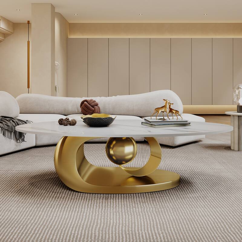 49 Inch Marble Top Coffee Table with Stainless Steel Base