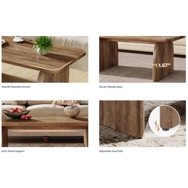 47"Rectangle Coffee Table, Wooden Living Room Table, Accent Center Low Cocktail Tea Table with Sturdy Base & Rounded Corners