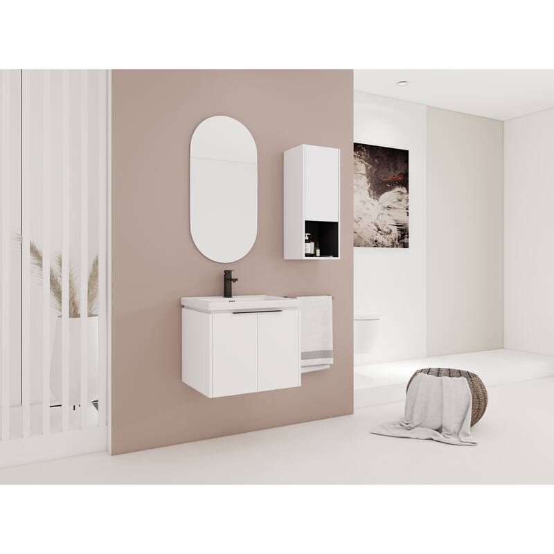 24" Wall-Mounted Bathroom Vanity with Ceramic Sink and Soft-Close Doors, Side Cabinet for Extra Storage