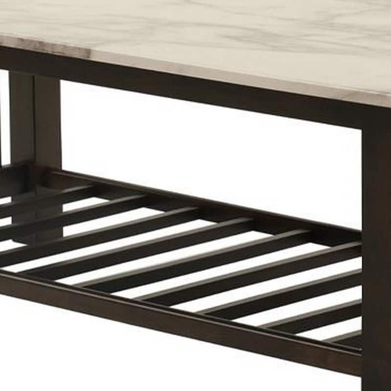 Moen 47 Inch Coffee Table, White Faux Marble Top, Bottom Shelf, Black Wood
