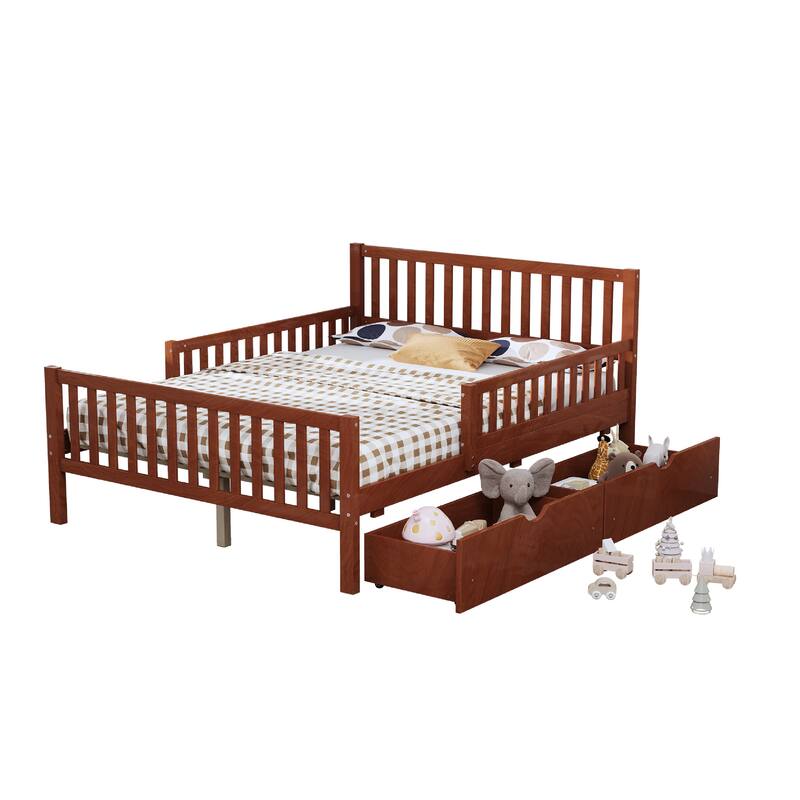 Full Size Wood Platform Bed with Guardrails on Both Sides