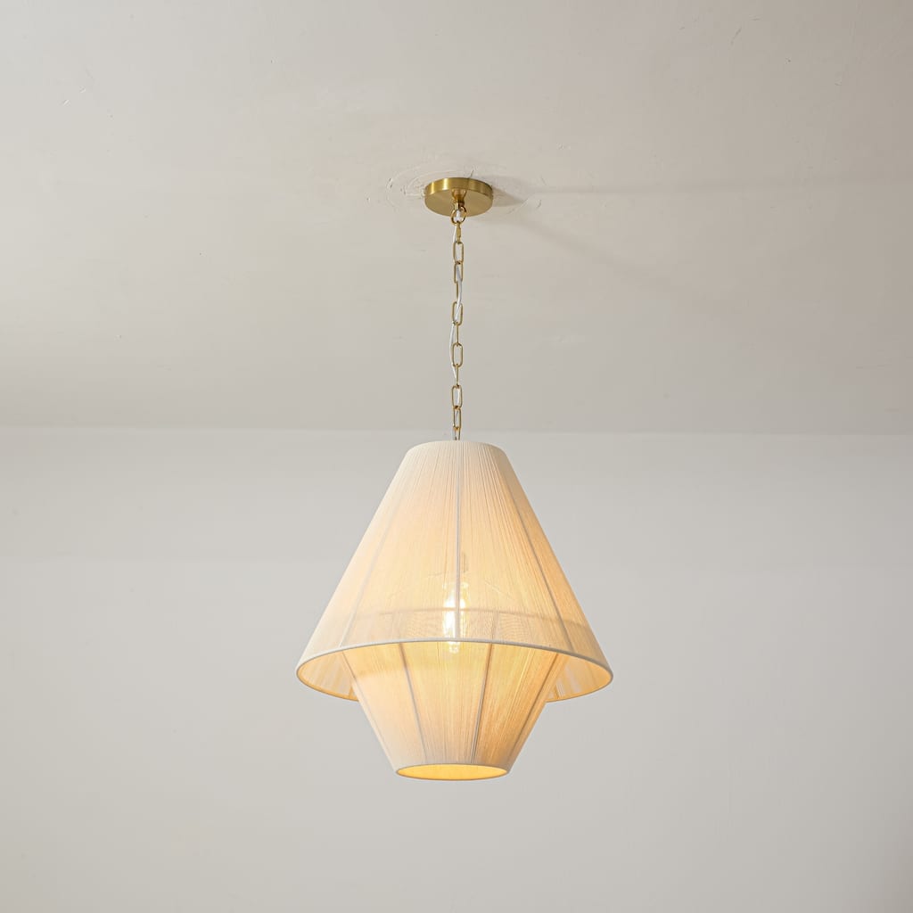 1-Light Boho Coastal Tiered Beige Cone-Shaped Brushed Shade Chandelier with Brass Finish for living room & Bedroom