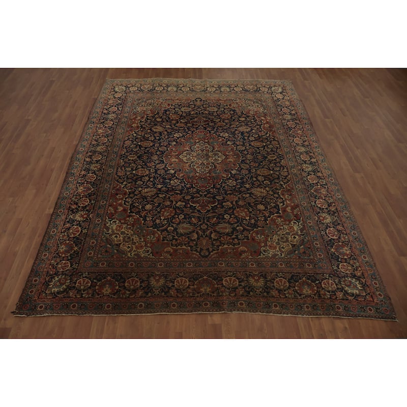 Hand Knotted Oriental 100% Wool Carpet Traditional Floral Navy Blue & Blues Kashan (Dabir) Area Rug - 11' 2'' X 8' 6''