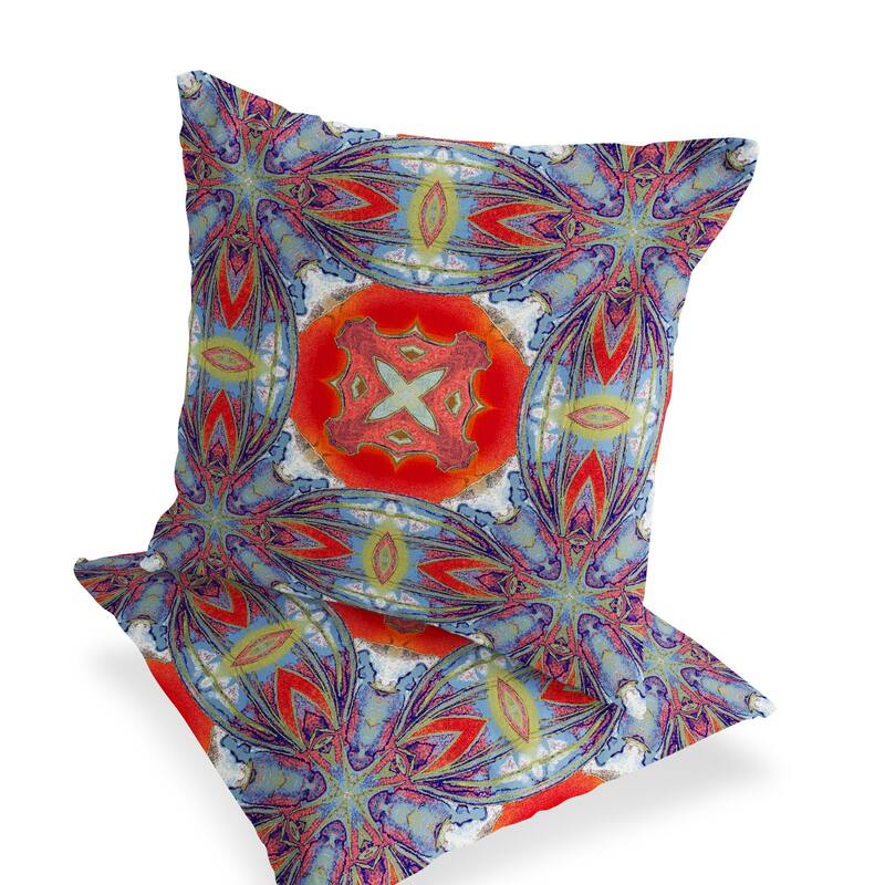 HomeRoots Set of Two 16" X 16" Blue and Orange Blown Seam Floral Indoor Outdoor Throw Pillow - 16.00' X '16.00' X '5.00