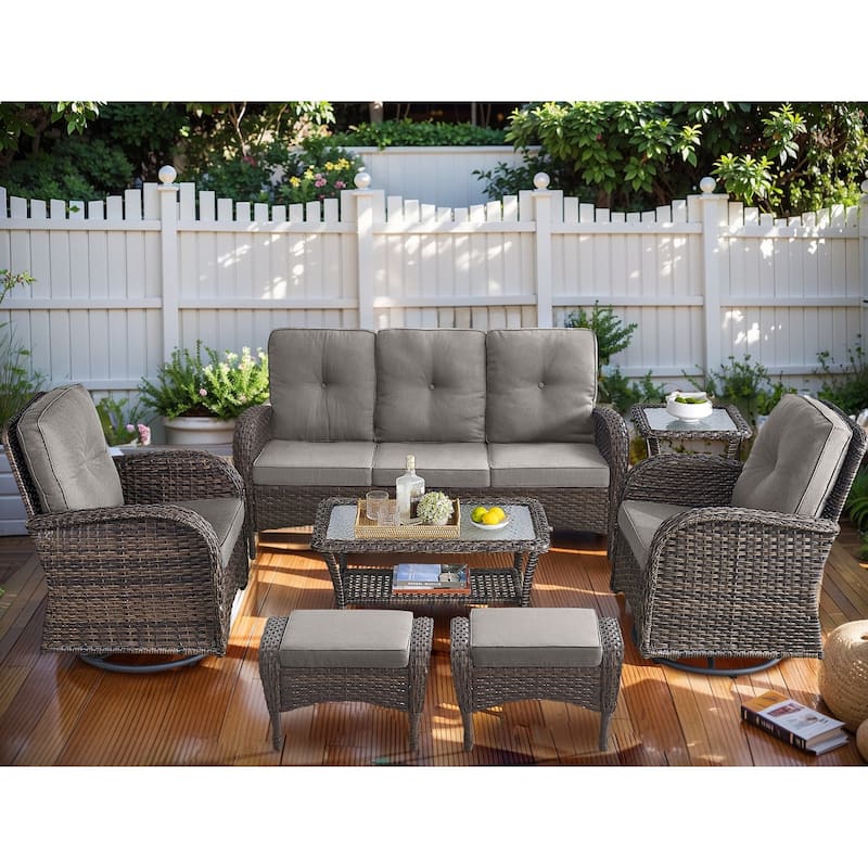 Patio Swivel Chairs with Sofa, Ottomans and Coffee Table - Brown - Grey - Brown
