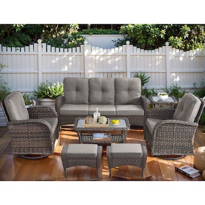 Patio Swivel Chairs with Sofa, Ottomans and Coffee Table - Brown
