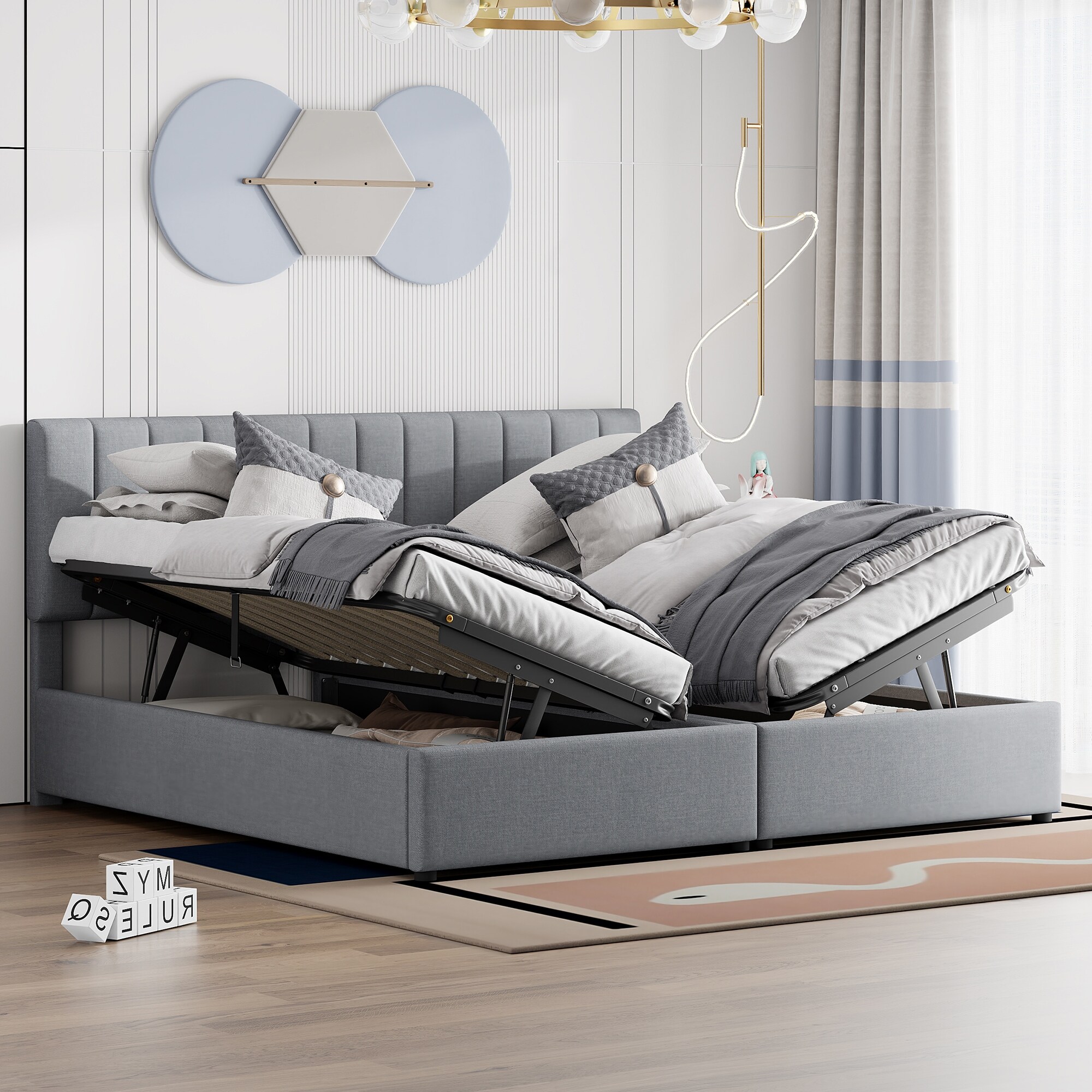 King Hydraulic Upholstered Bed, Twin-to-King, Stripe Headboard