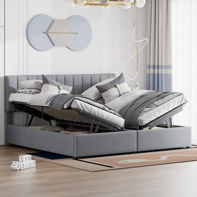 King Size Upholstered Hydraulic Platform Bed - Twin-to-King Convertible Design, Vertical Stripe Headboard