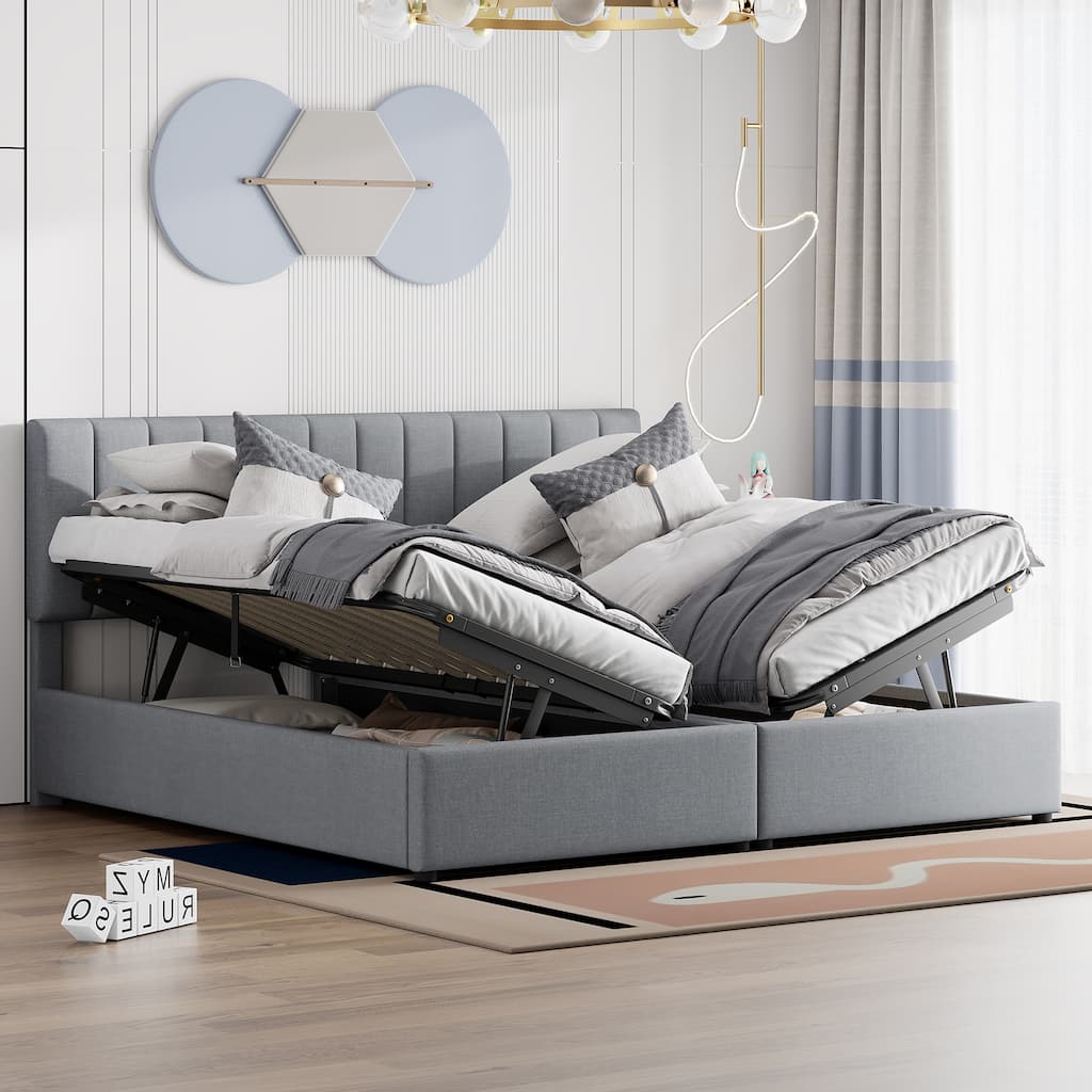 King Size Upholstered Hydraulic Platform Bed - Twin-to-King Convertible Design, Vertical Stripe Headboard