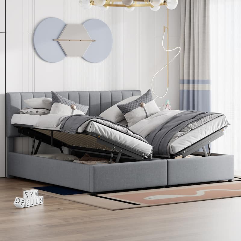 King Size Upholstered Platform Bed with Hydraulic Lift Storage, Vertical Stripe Headboard, and Ample Under-Bed Storage - Grey