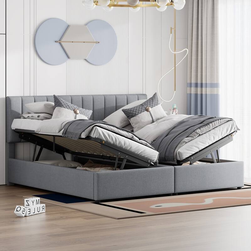 Vertical Striped Headboard Frame, Linen Upholstered Platform Bed, Lift Up Storage Low Profile Panel Bed, Divides into 2 Beds