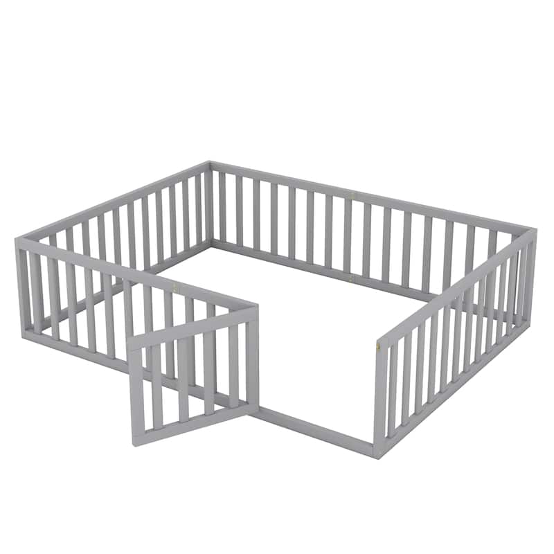 Elegant Queen Size Floor Bed Frame with Fence and Door Solid Pine