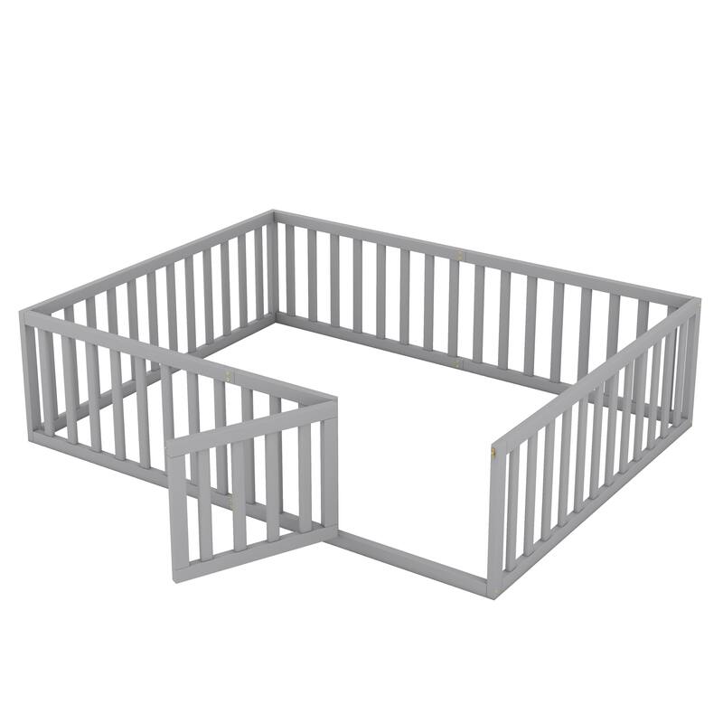 Queen Size Wooden Floor Bed with Fence and Door, Gray