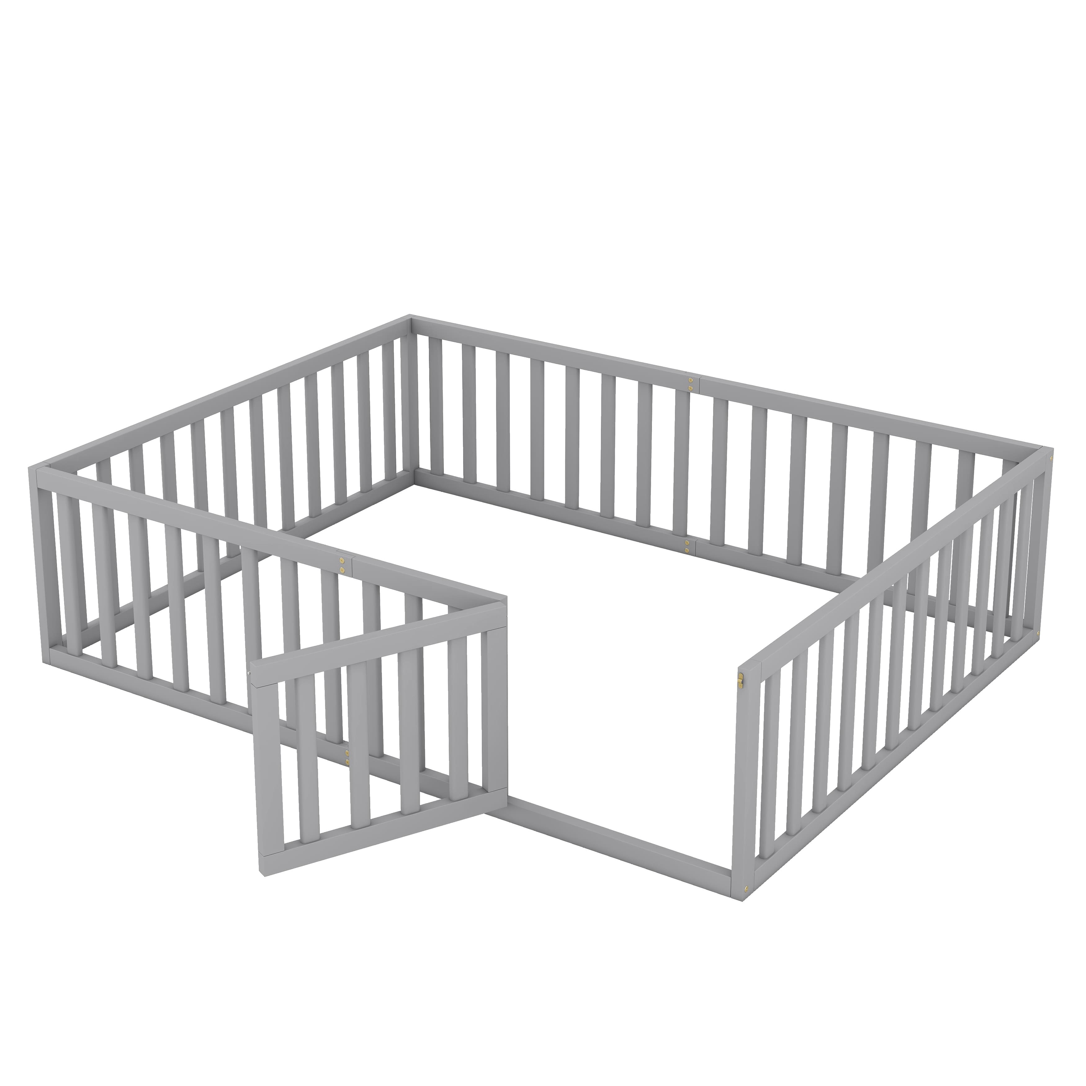 Wood Queen Size Floor Bed Frame with Fence and Door Versatile Design