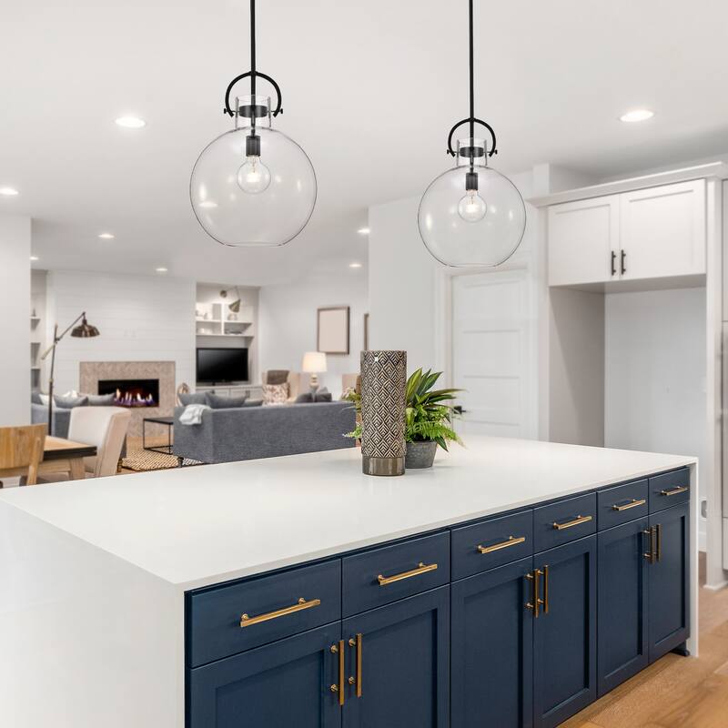 Matte Black 1-Light 14 Inch Globe Shaped Clear Glass Pendant