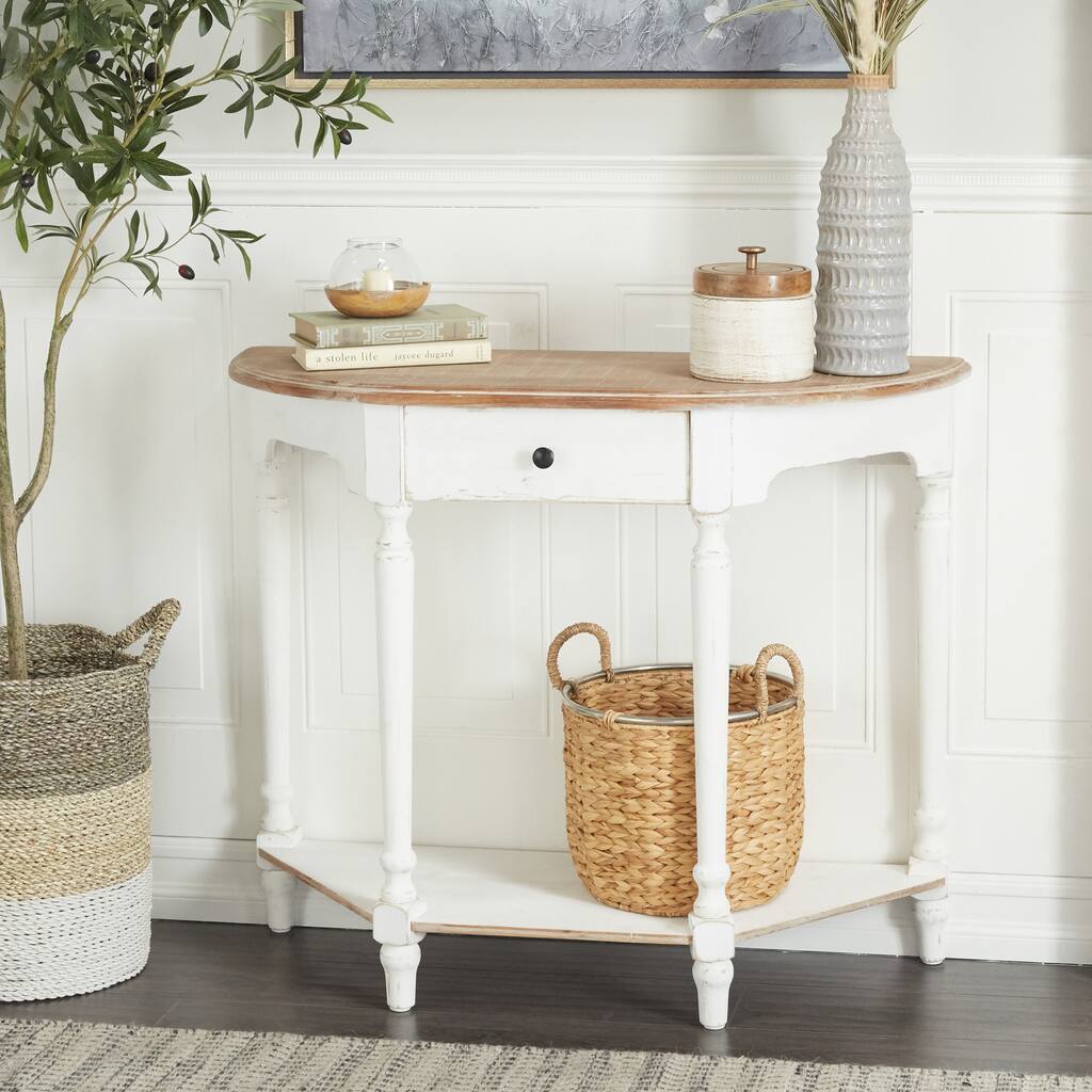 White Wood 1 Drawer and 1 Shelf Console Table with Brown Wood Top ...