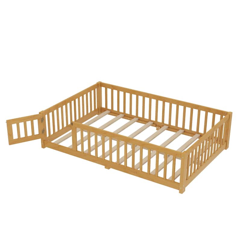Montessori Toddler Floor Bed with Fence and Switchable Door, Low Profile Bed Frame with Removable Slats, Safe Transition Bed