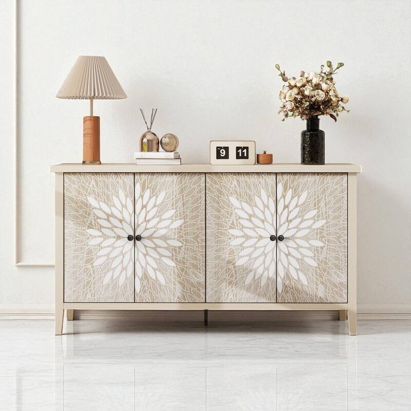 58" Modern Wood Grain Sideboard Cabinet with Carved 4 Doors & Adjustable Shelves for Kitchen or Entryway - Natural