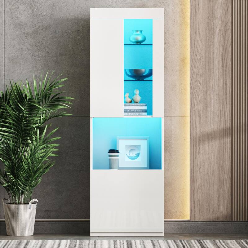 High Gloss Storage Cabinet with LED Lights and Acrylic Door, Tall Pantry Display Cabinet - 21.6" W × 13.7" D × 66.9" H