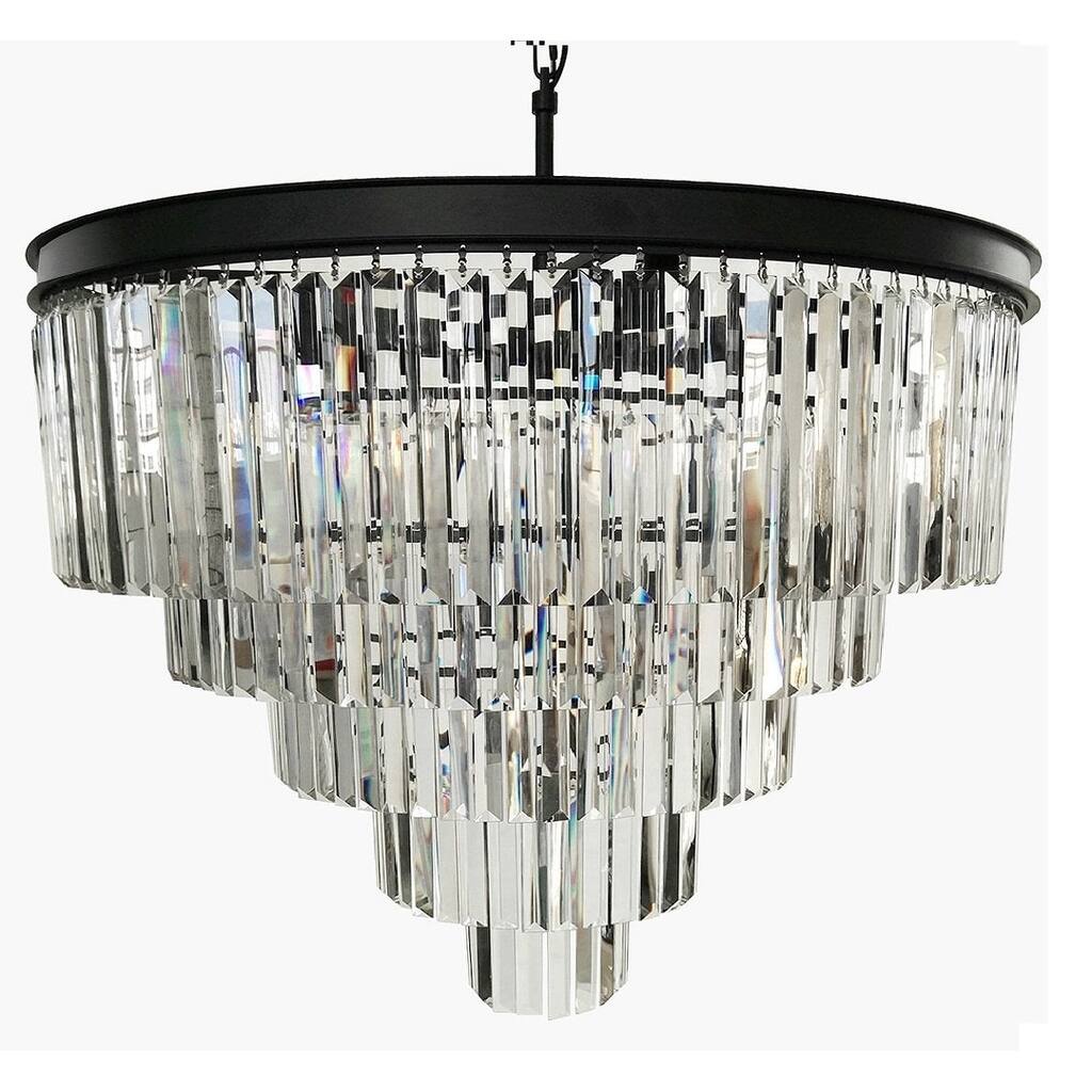 12-Light Luxury Modern 5-Tier Crystal Chandelier - Black