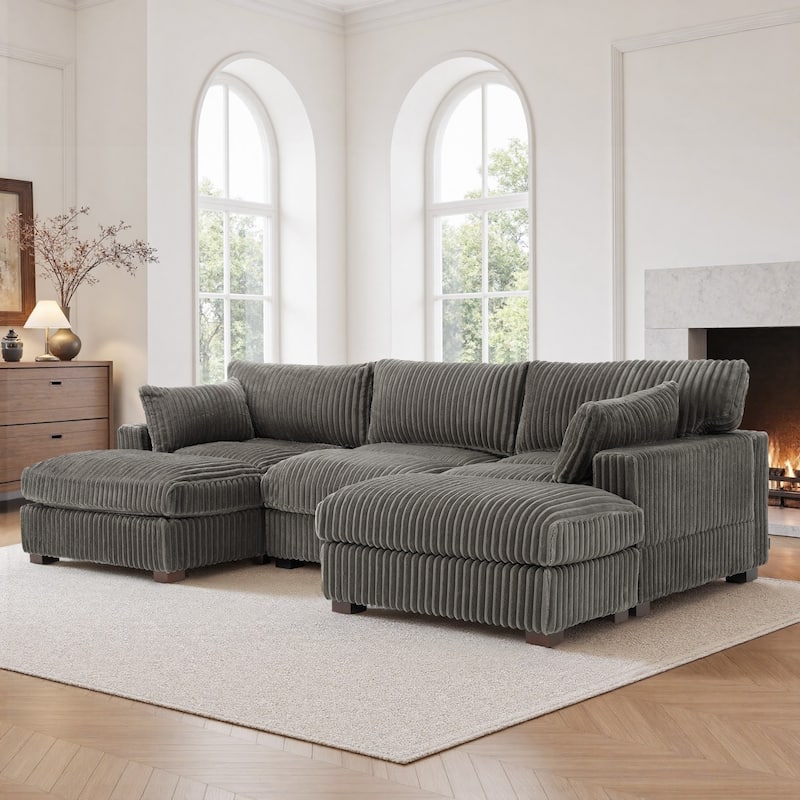 Oversied Plush Corduroy Fabric Modular Sectional Sofa with Chaise, Ottoman - Left Facing - Light Grey-4 Pieces