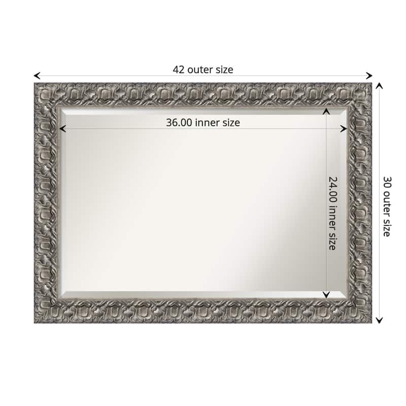 Beveled Wood Bathroom Wall Mirror - Silver Luxor Frame - Outer Size: 42 x 30 in