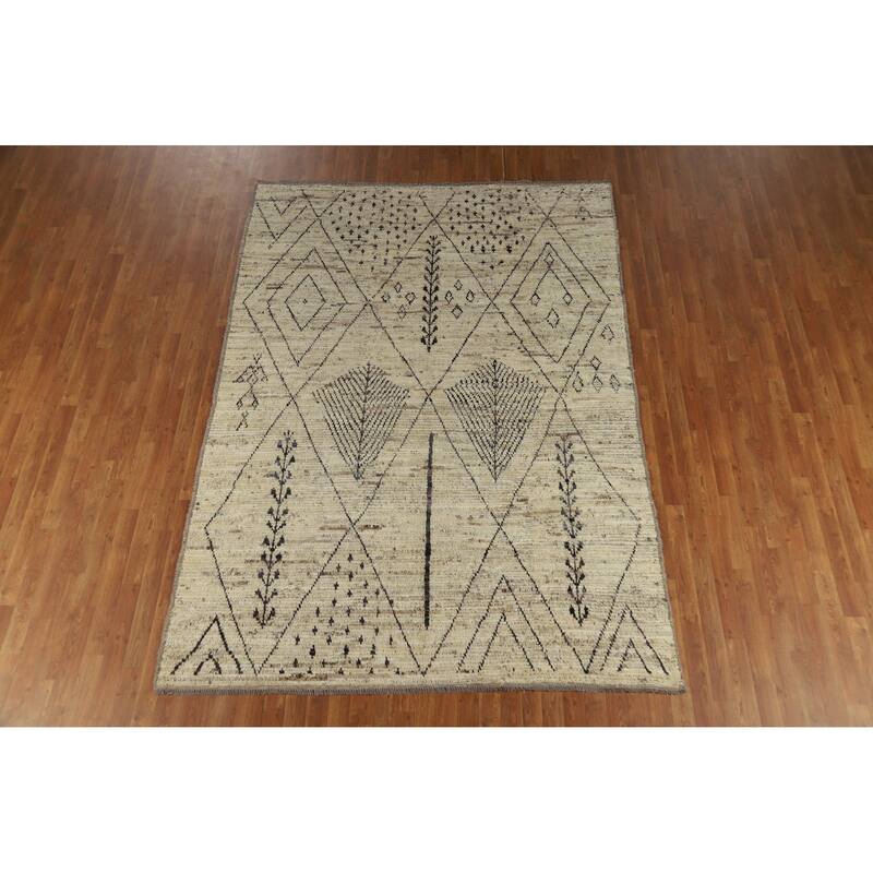 Geometric Moroccan Oriental Rug Handmade Geometric Beige Wool Carpet - 6'9" x 9'7"
