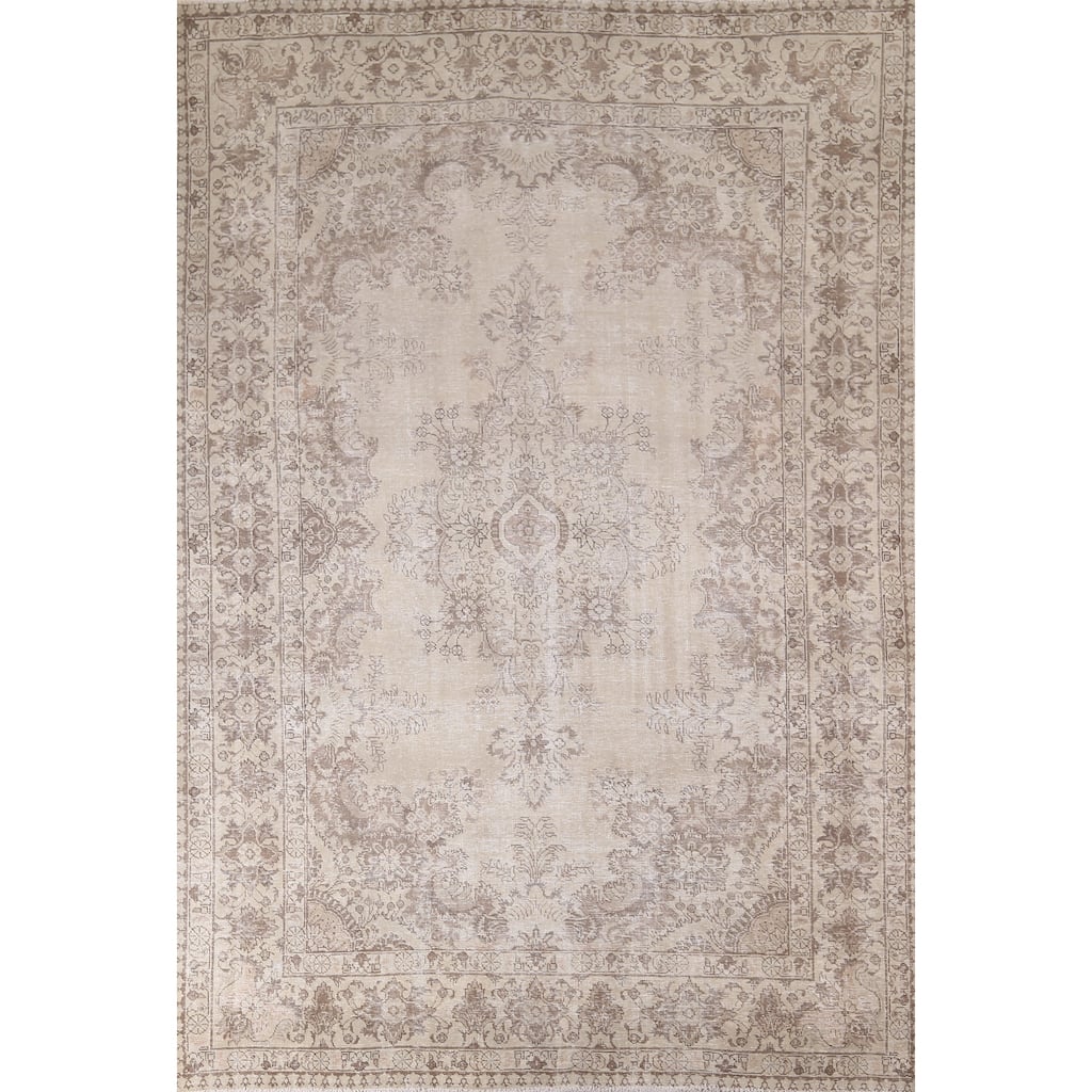 Distressed Muted Tabriz Persian Antique Rug Hand-Knotted Wool Carpet - 7'9" x 10'7"
