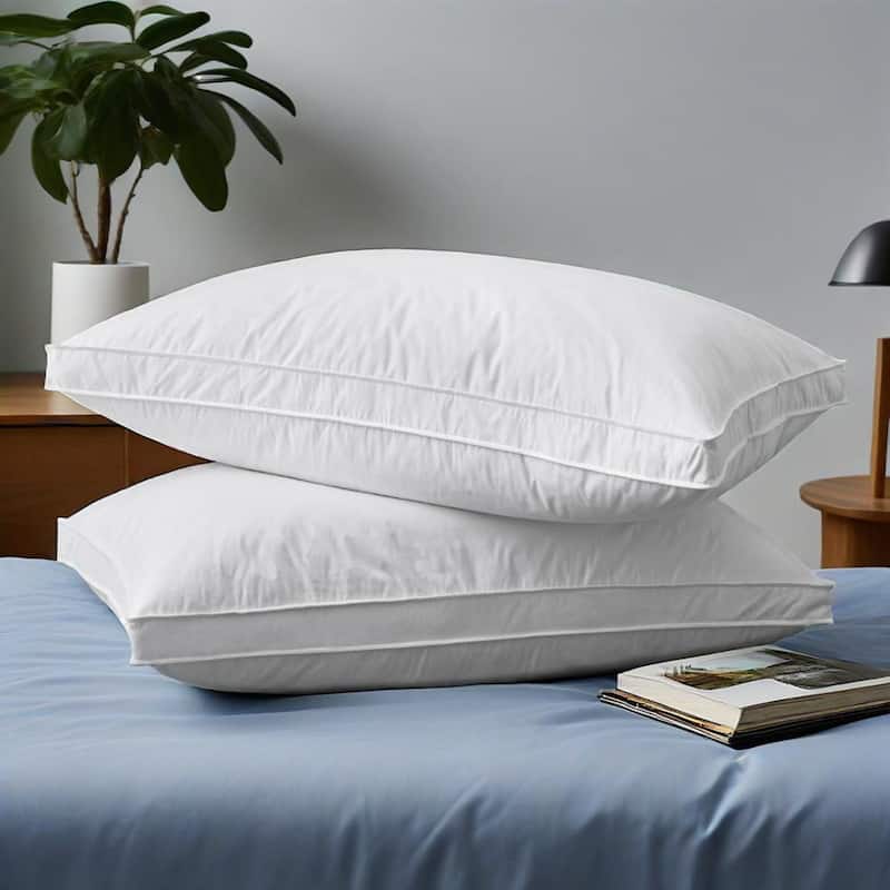 Set of 2 Premium Goose Feather Down Bed Pillows with 300TC Cotton Cover - White - Medium - King