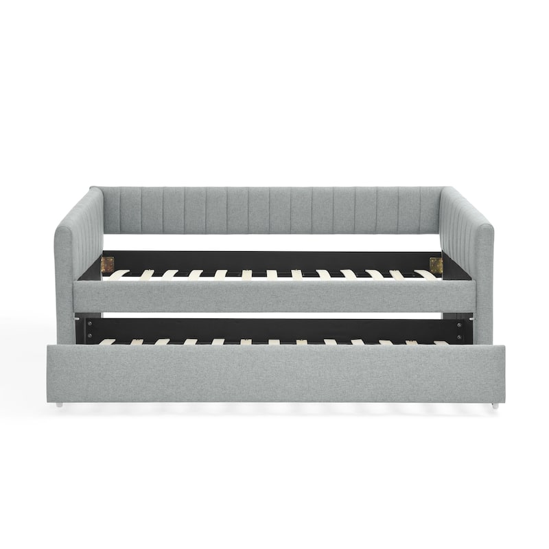 Twin Size Daybed Vertical Stripes Upholstered Sofa Bed with Trundle