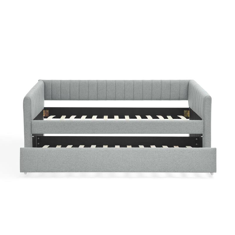 Twin Size Linen Upholstered Daybed with Trundle - Vertical Striped Sofa Bed with Foam Padding